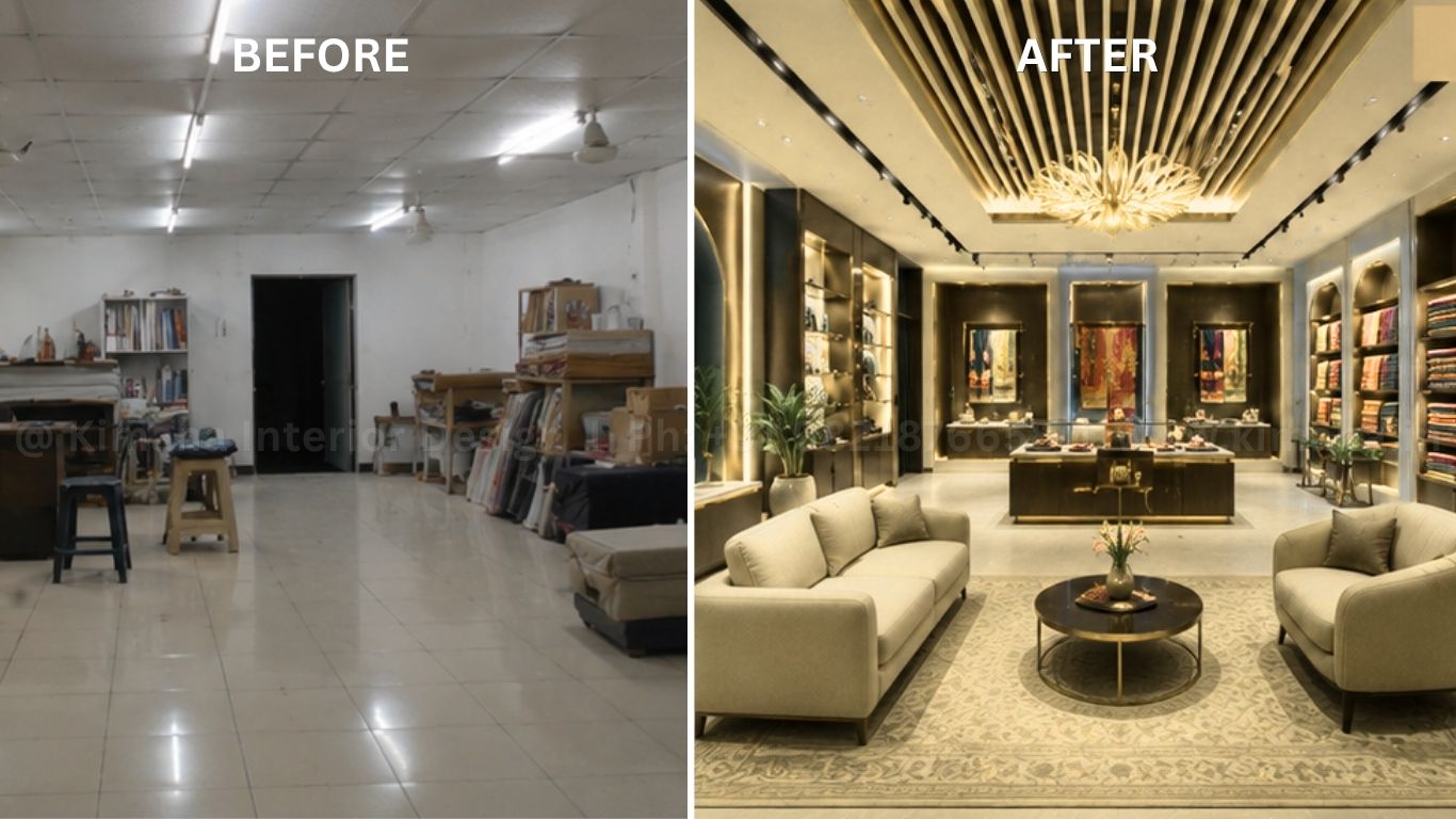 Brand showroom interior design with integrated logo placement and premium aesthetics