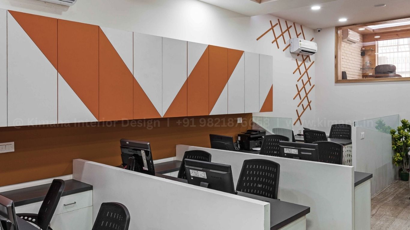 Commercial office workspace interior with modern workstation and lighting design