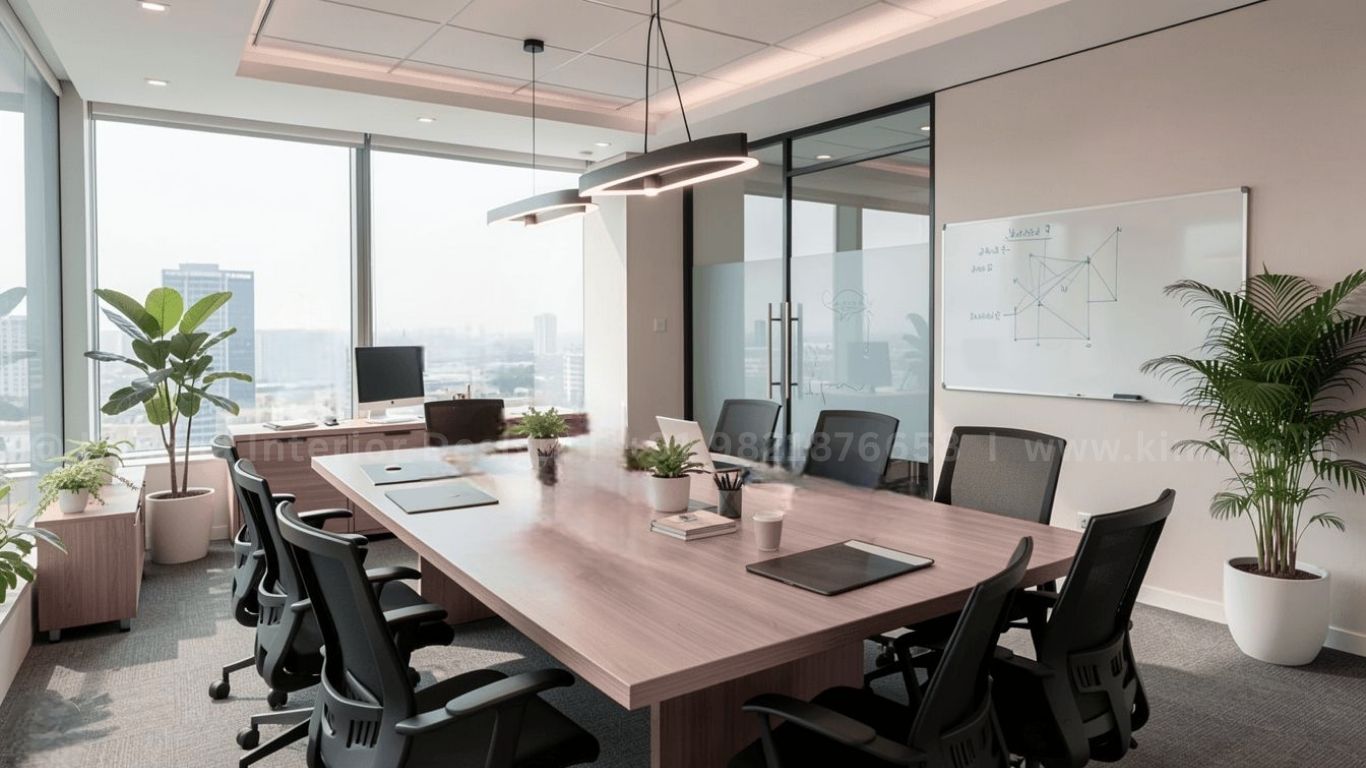 Corporate meeting room interior design with collaborative workspace setup