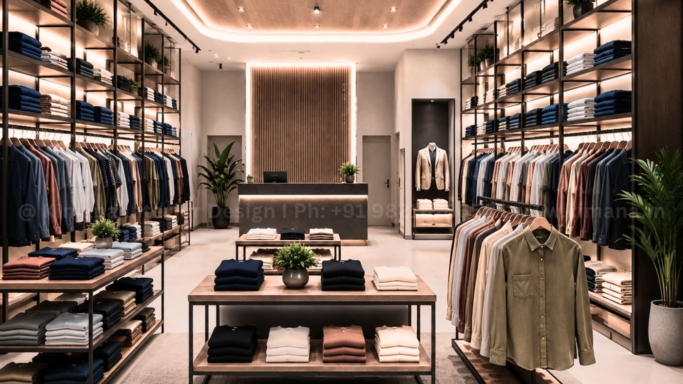 Garment shop interior design with smart shelving elegant display and optimized retail layout