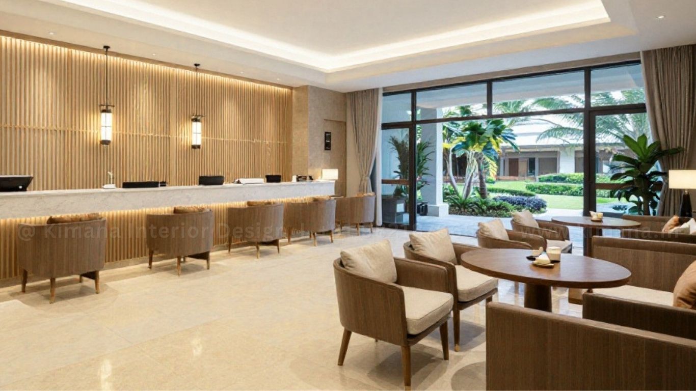 Hospitality interior design for resort with luxury guest lounge and premium ambiance