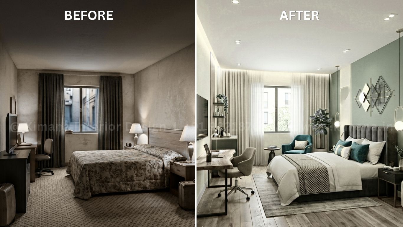 Luxury hotel interior design in Jamshedpur before and after modern hotel room renovation with premium hospitality interiors