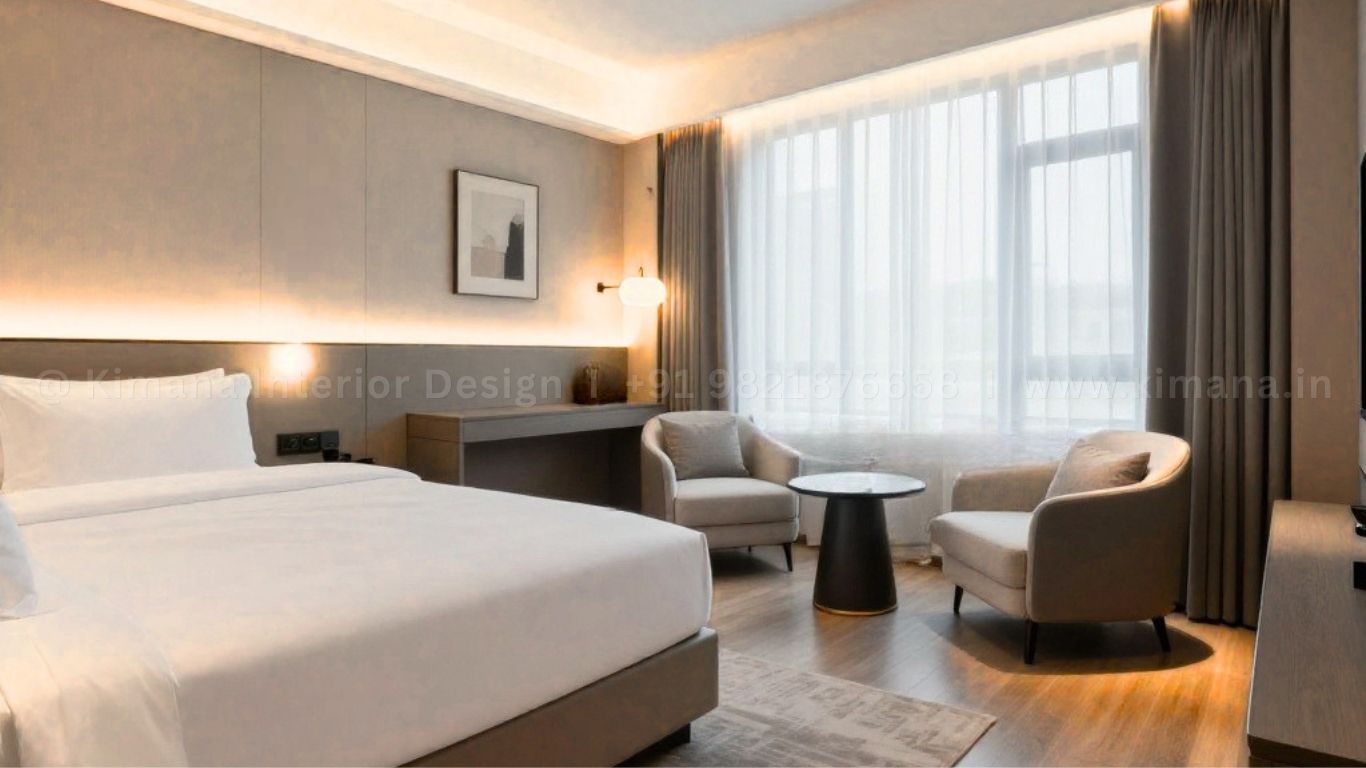 Modern hotel room interior design with premium furniture and ambient lighting