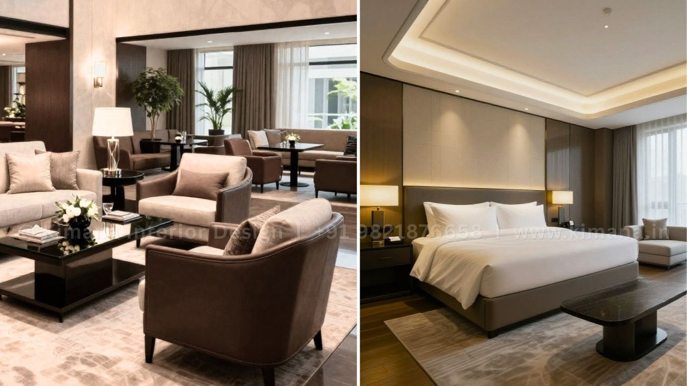 Luxury hotel suite room interior design with premium bedroom and lounge setup
