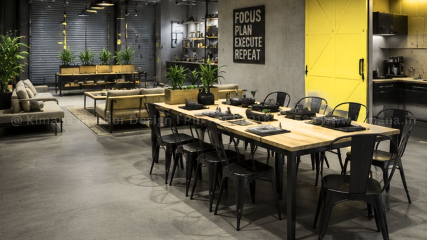 Industrial minimalist interior design with clean lines open layout and raw material finishes