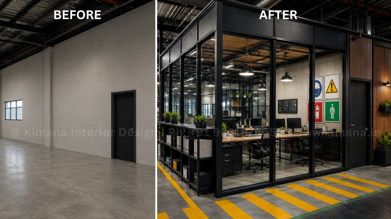 Industrial office cabin interior design inside factory workspace with modern industrial style