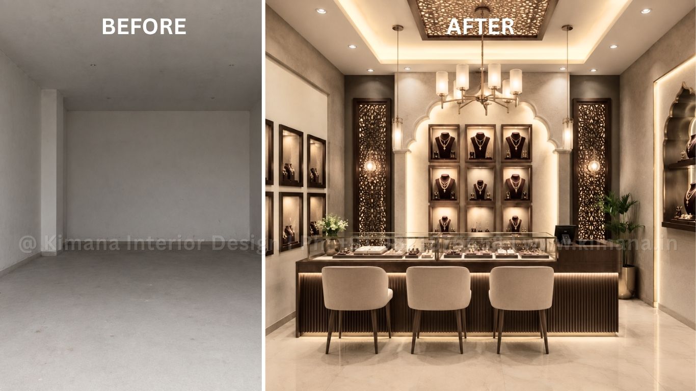 Small jewellery shop interior design in Indian style with luxury display counters and elegant lighting