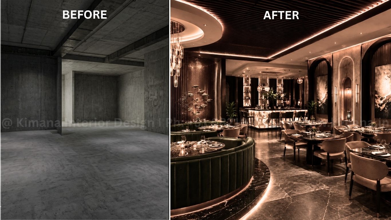 Luxury restaurant interior design with elegant décor premium finishes and sophisticated dining atmosphere