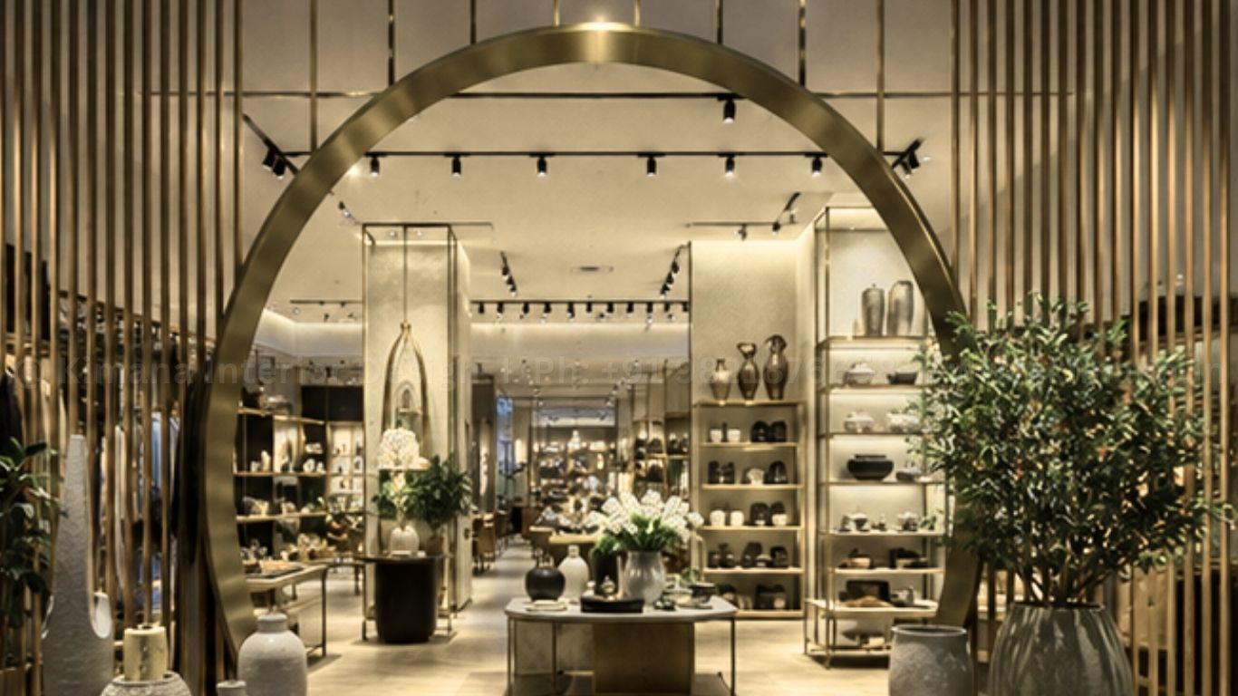 Luxury retail showroom design with elegant display setup and modern lighting