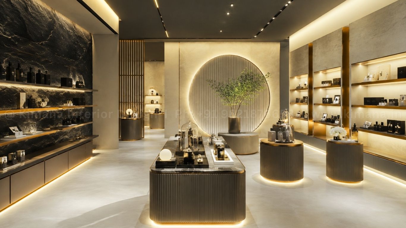 Luxury showroom interior design with premium retail display lighting and modern product layout