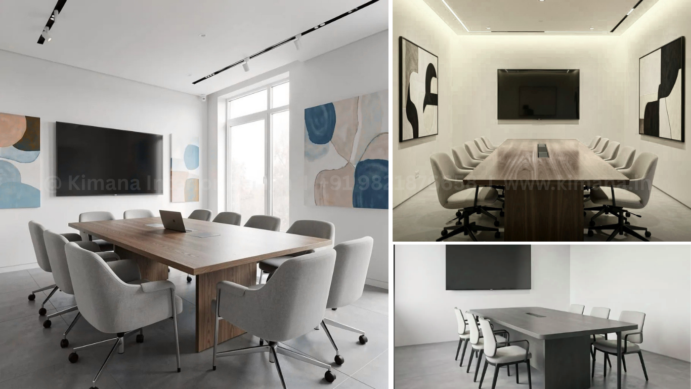Meeting room interior design with collaborative workspace and conference setup