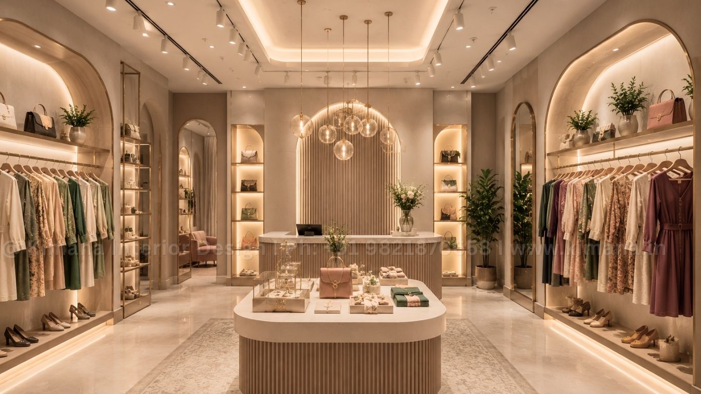 Modern shop interior design with premium retail display lighting and customer-focused layout