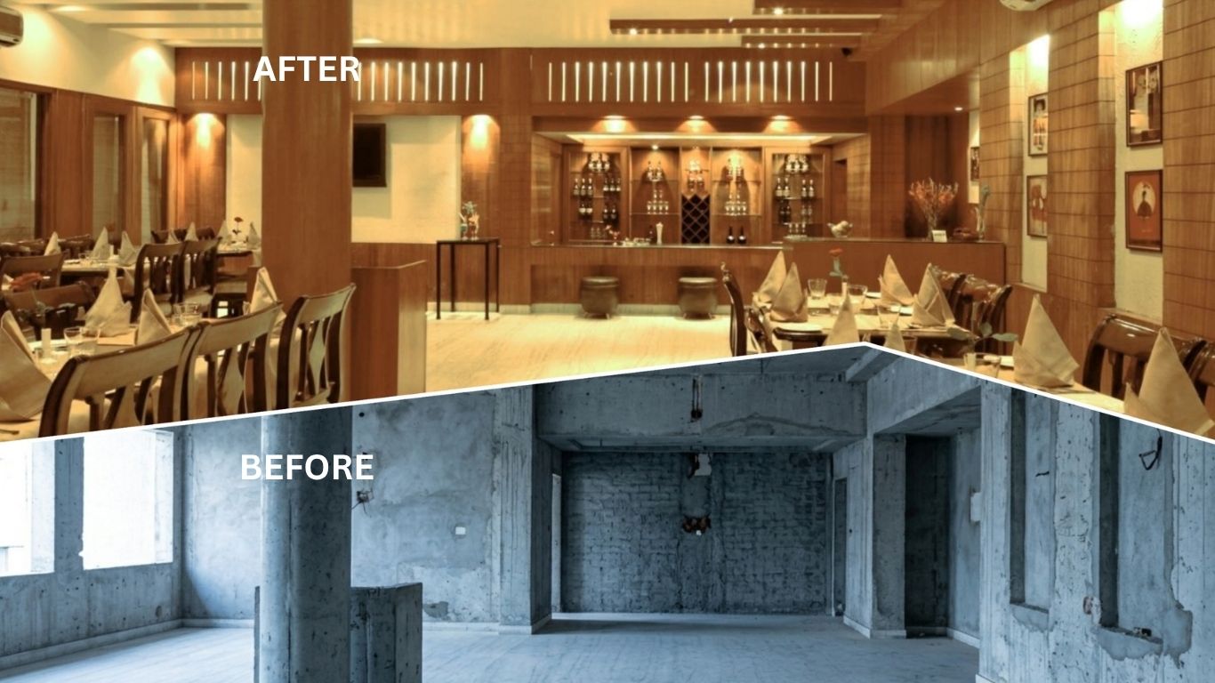 Restaurant commercial interior design with modern seating and ambient lighting