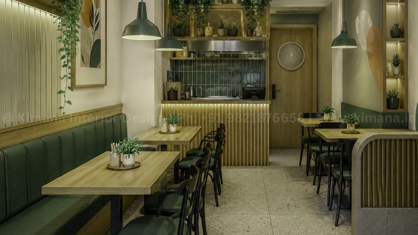 Low budget restaurant interior design with modern décor and efficient space planning