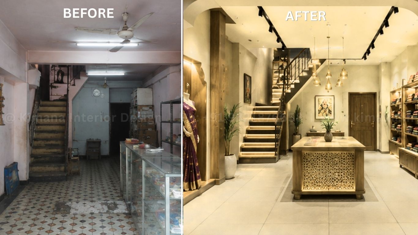 Retail showroom interior design with strategic product display and customer flow planning