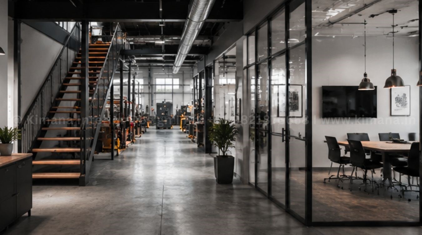 Small business industrial interior design with modern workspace and functional industrial aesthetics