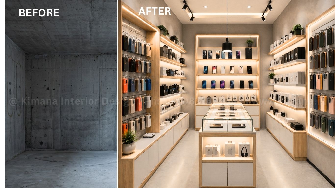 Small shop interior design with space-saving layout and modern retail aesthetics