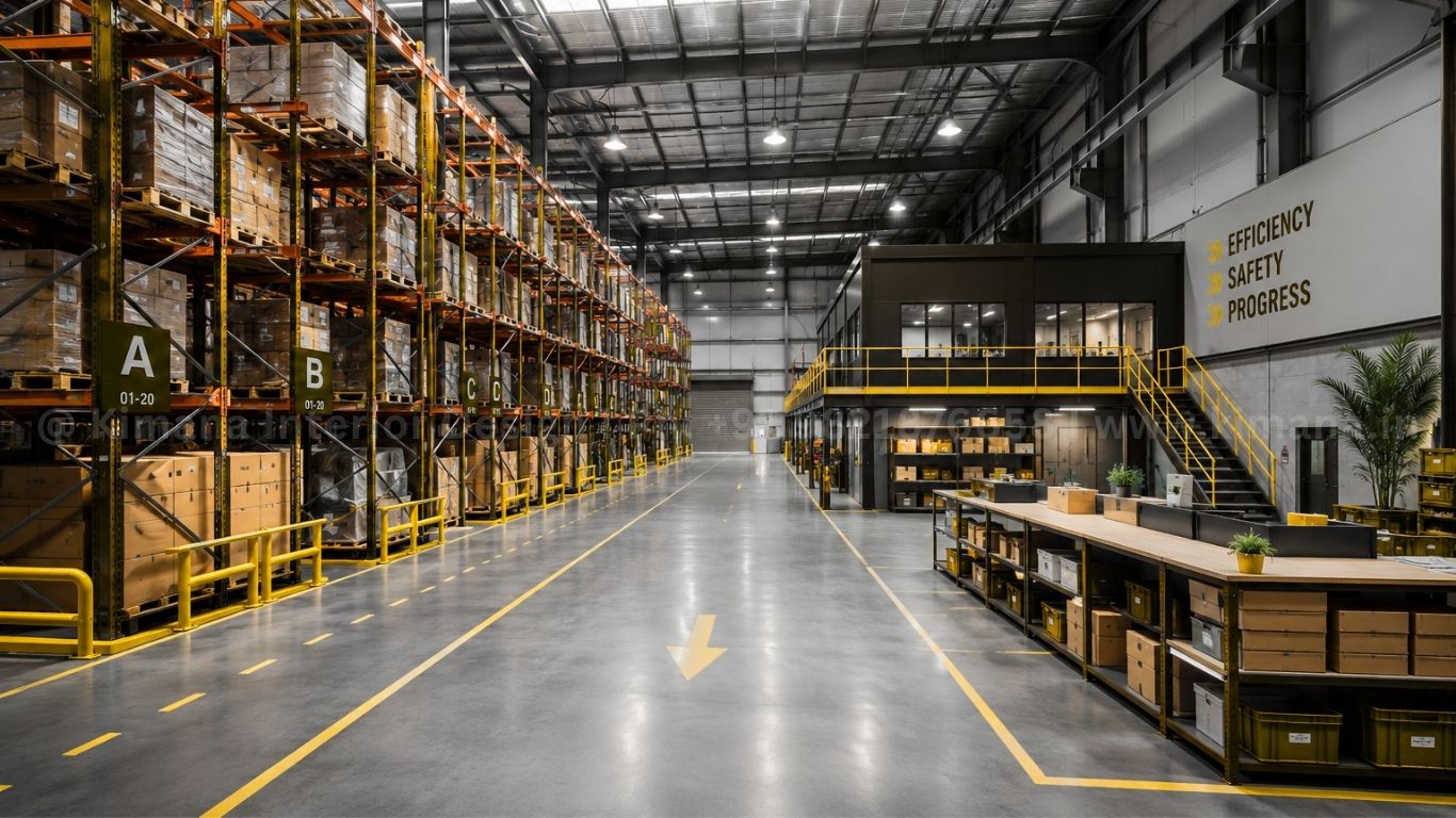 Warehouse industrial interior design with optimized storage layout and industrial lighting